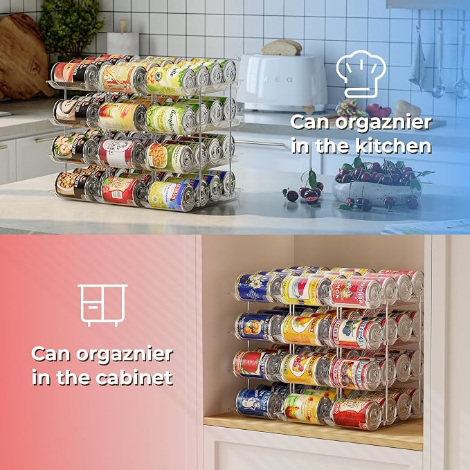 Can Organizer for Pantry 4 Tiers Rolling Can Storage Cupboard | Automatic Rolling Holds 48 Cans Combinable Canned Food Organizer Soda Can Organizer for Cupboard Cabinets Pantry Fridge Clear