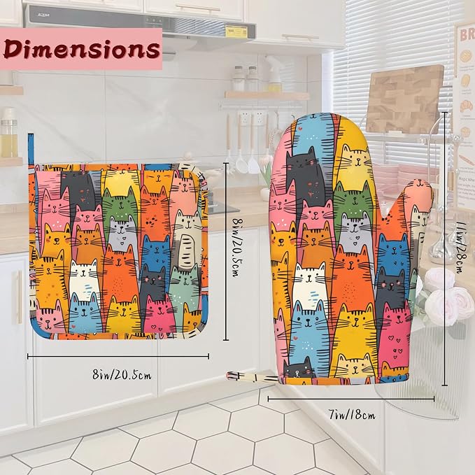 Funny Cat Oven Mitts and Pot Holders 4 Piece Set,Heat-Resistant Silicone Extra Long Non-Slip Kitchen Oven Gloves for Cooking, Baking, BBQ,Grilling