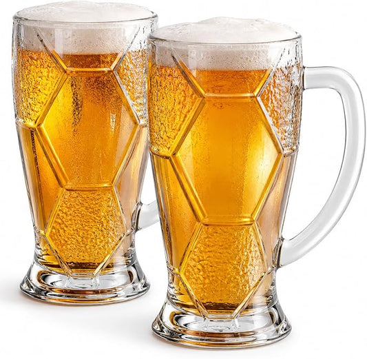 Freezer Beer Mugs 22oz, Set of 2 | 3D Hexagon Textured Glass Beer Steins with Handle | Frosted Durable Glass Stein | Gift for Beer Lovers, Craft Beer Enthusiasts, Dad, Husband, Men