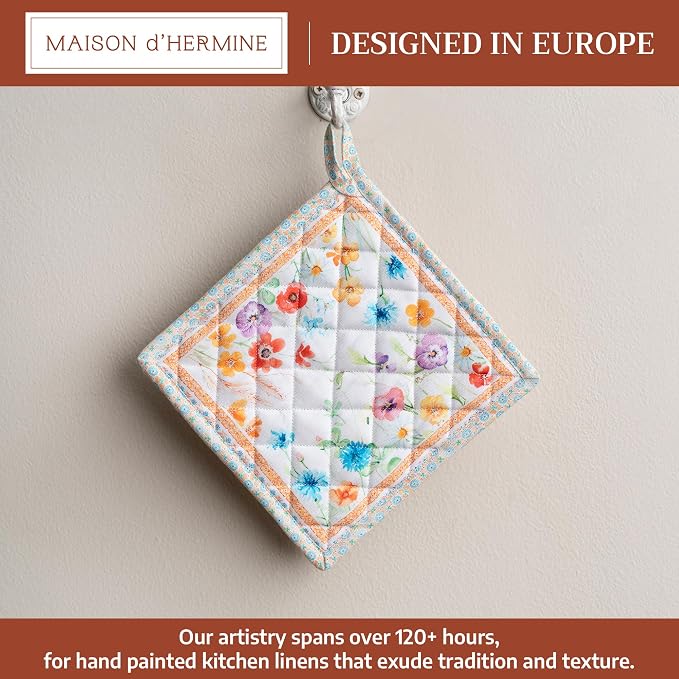 Maison d' Hermine Pot Holders 100% Cotton Potholders (8" x 8", Pack of 1) | Heat Resistant Hot Pads with Loop BBQ Cooking Baking Farmhouse Kitchen Handling Hot Pans Spring Summer - Summer Whisper