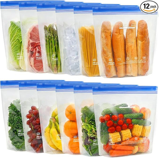 SPLF 12 Pack Reusable 2 Gallon Freezer Bags Dishwasher Safe | Extra Large Reusable Freezer Bags 2 Gallon, Leakproof BPA Free Food Storage Bags for Marinate Meat, Veggies, Bread, Travel