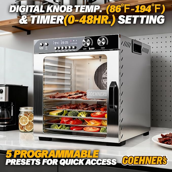 Commercial Food Dehydrator Machine 12 Stainless Steel Trays, 12ft² Meat Dehydrator for Jerky Up to 194°F with 5 Presets and 48H Timer, 1100W Food Dryer for Dog Treats, Herbs, Fruit and Veggies