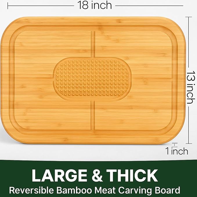 Meat Cutting Board - Extra Large Bamboo Carving Board, 18 x 13 Thick Butcher Block with Deep Juice Groove, Non Slip Center, Reversible Board for Steak, Brisket, Turkey, BBQ Prep Grilling Gifts for Men