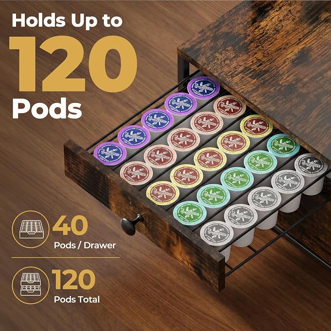 K Cup Holder Organizer for Countertop, 3-Drawer Coffee Pod Holder with 8 Removable Mug Hooks, Holds Up to 80 Pods, Coffee Station Organizer for Kitchen, Coffee Bar, Office