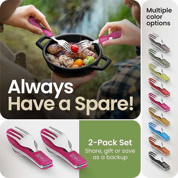 Orblue 4-in-1 Camping Eating Utensils, 2-Pack - Portable Spoon, Fork, Knife & Bottle Opener Combo Set - Stainless Steel Flatware with Detachable Fork - Travel, Backpacking Cutlery Multitool, Hot Pink