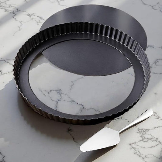 10 Inch Round Quiche Pans with Pie Cake Server. Removable Bottom, Non-Stick Coating, Rugged Carbon Steel for Tart Quiche Pie Baking. Gift for Women Wife Christmas Thanksgiving Party Festival