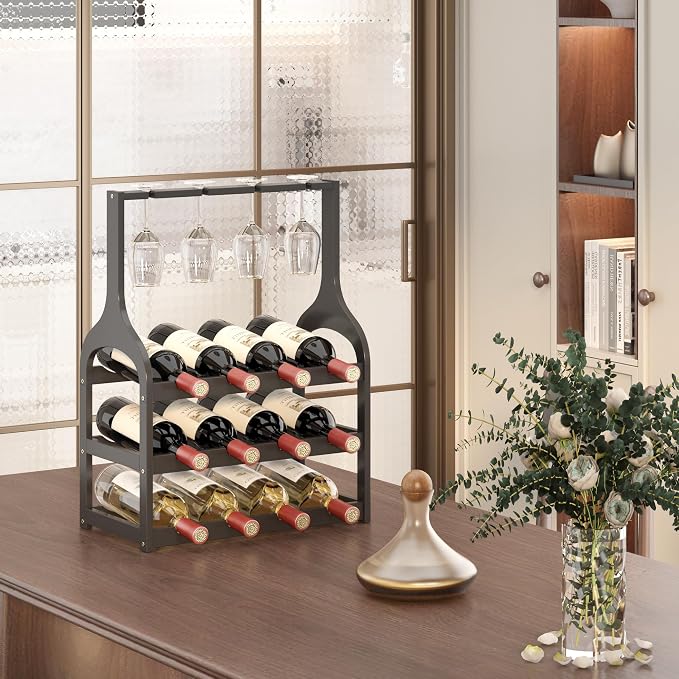 Bamboo Wine Rack Countertop, Small Free Standing Racks Tabletop Display | 12 Wine Bottles and 4 Glass Holder | Wooden Wine Storage Organizer Shelves for Kitchen Bar, Cellar, & Dining Room | Black