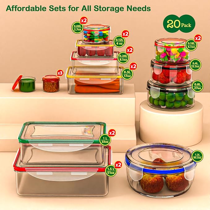 RockBerry 40 PCS Food Storage Containers with Lids (20 Boxes-20 Lids) | Airtight- Plastic Stackable Container for Pantry Kitchen Organization-Microwave Dishwasher,Freezer Safe 100% Leak Proof