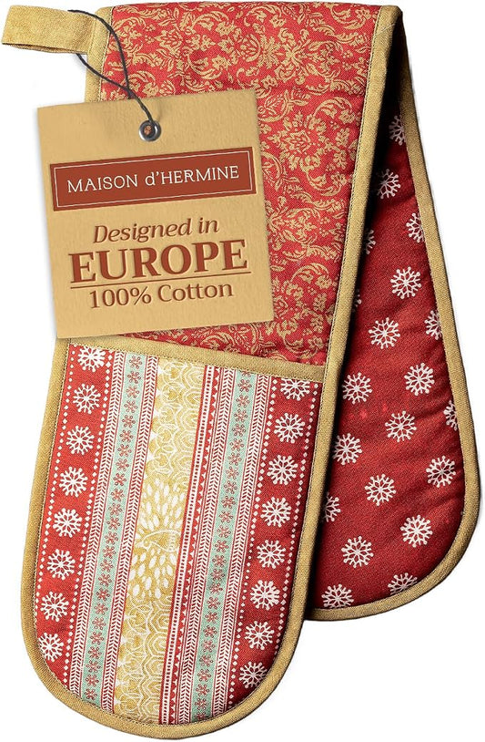 Maison d' Hermine Double Oven Mitts 100% Cotton Double Oven Glove (7"x35") | Heat Resistant BBQ Cooking Gloves with Loop Baking Kitchen Home Hotel Farmhouse Thanksgiving Christmas - Sofia