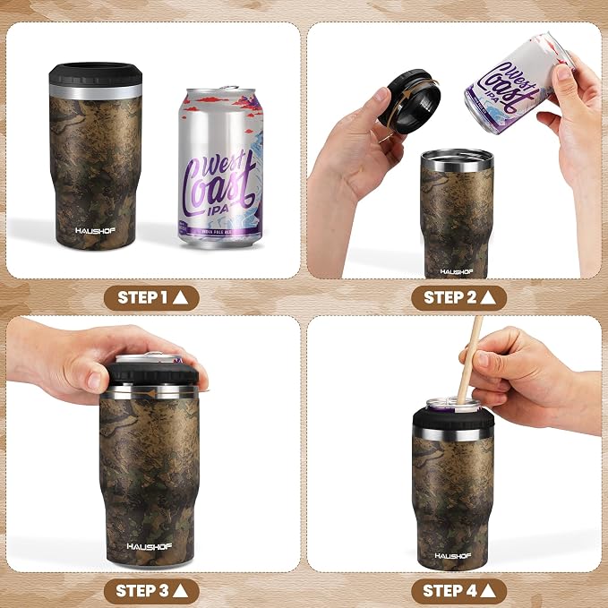 HAUSHOF 4-in-1 Insulated Can Cooler for 12oz Cans & Beer Bottle, Camo Green | Double-Wall Vacuum Insulated, 18/8 Stainless Steel, BPA-Free Lid, Slim Can Cooler for Camping, Beach & Picnic