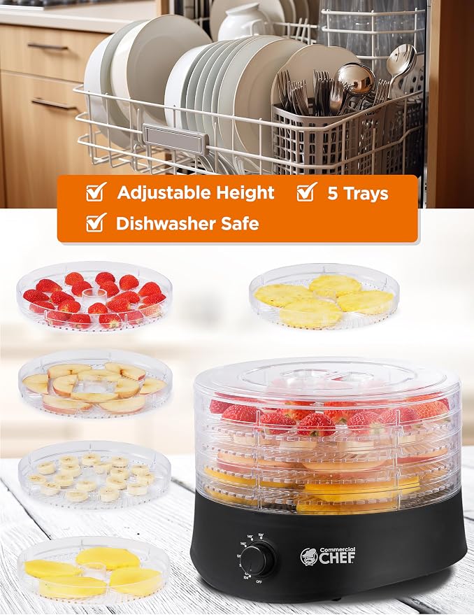 Commercial Chef Food Dehydrator, Five 9.25” BPA-Free Trays, CCD100B6, Black | Dehydrates and Dries Meat, Fruit, Veggies and Jerky, 280W Dehydration Machine, Adjustable Thermostat
