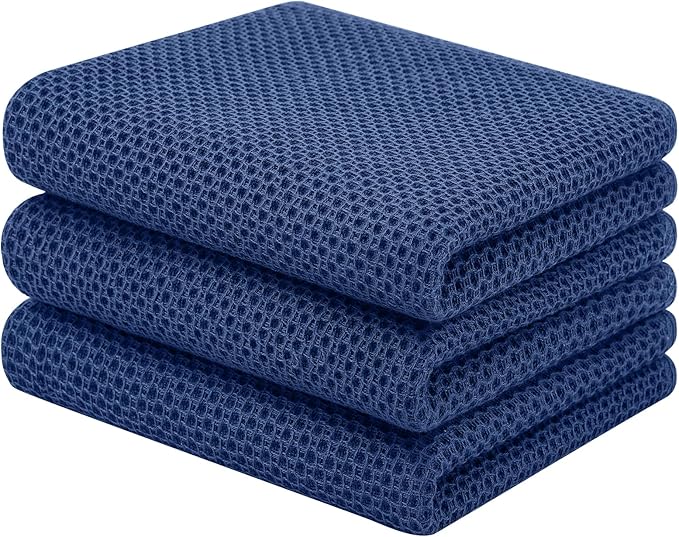 Homaxy 100% Cotton Waffle Weave Kitchen Towels, 3-Pack, Navy Blue | 13 x 28 Inches, Ultra Soft Absorbent Dish Towels, Quick Drying Cleaning Towels