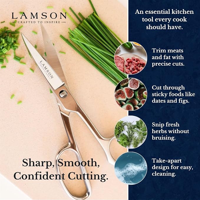 Lamson Kitchen Shears, 8 In Forged Take Apart Poultry Scissors | High-carbon steel cuts chicken bones, herb stems, twine and pizza; blades separate at the pivot; all stainless build