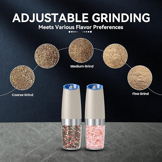 UNNEES Gravity Electric Salt and Pepper Grinder set of 2, Automatic Salt And Pepper Grinder Set, Adjustable Roughness, Battery Powered, LED Light, 2 Pack, (Khaki)