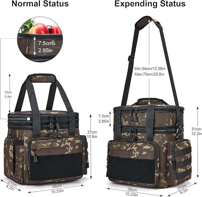Gafetrey Tactical Lunch Box for Men, Insulated Bag Adult, Thermal Lunchbox Leakproof Waterproof Cooler Bag, Dual Compartment tote, Large Pail Work Office Camping Travel(Black Camo)