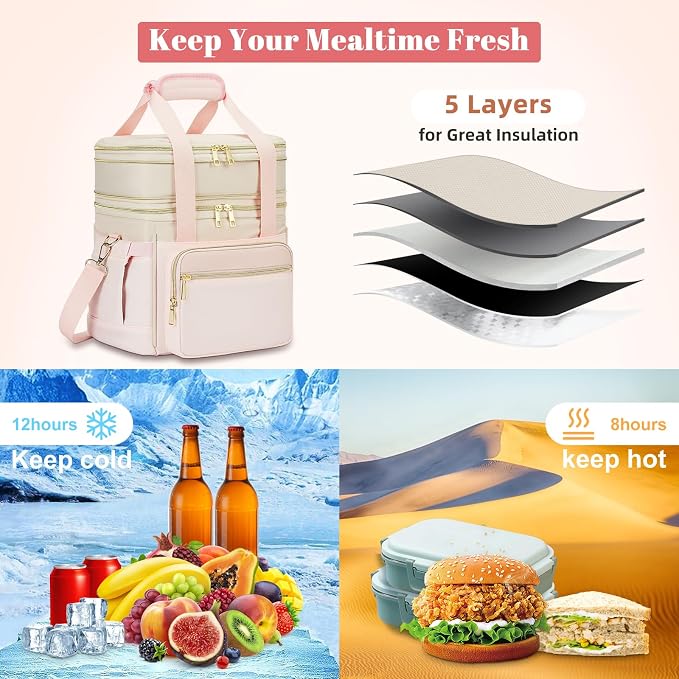 holuxer Insulated Lunch Bag & Lunch Box for Women - Double Deck Reusable Lunch Bag for men Tote Cooler Bag Leakproof Soft Expandable - Large Lunchbox for Work/Adult/Picnic/Outdoor (Pink，15L)