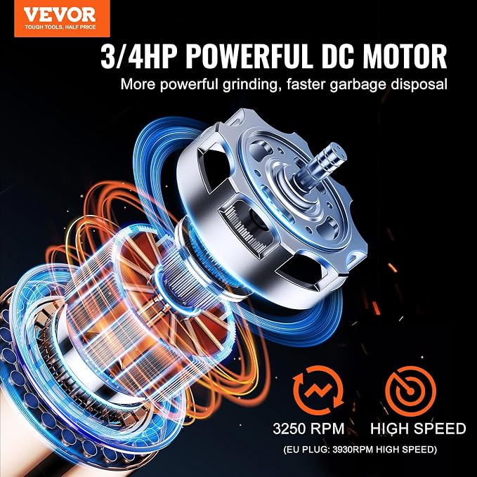 VEVOR Garbage Disposal, 3/4HP 3250RPM DC Motor, Continuous Feed Food Waste Sink Disposer, EZ Connect Food Waste Grinding System with Sound Reduction, Power Cord and Splash Guard, for Kitchen