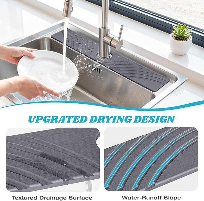 SpaceHacks Stone Faucet Mat for Kitchen Sink - Fast Drying Diatomite Stone Drying Mat, Textured Drainage Sink Protector, Water Splash Guard with Base Pads for Bathroom Counter (23.7x4 in, Dark Gray)
