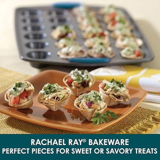 Rachael Ray Yum-o! Nonstick Mini Muffin & Cupcake Tin - 24 Cup, Gray with Marine Blue Grips
