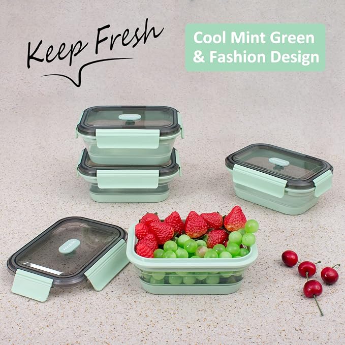 Collapsible Food Storage Containers with Lid & Air Vent, Clear Stacking Silicone Collapsible Food Container Set, Microwave Freezer Dishwasher Safe Space-Saver, Set of 4, Mint Green