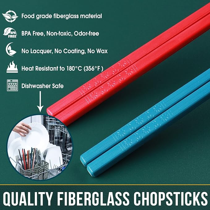 Chopsticks, GLAMFIELDS 5 Pairs Premium Reusable Multicolour Chopsticks for Sushi Japanese Matte Anti-slip Chop Sticks with Gift Case Lightweight Dishwasher Safe, 9.6 Inch
