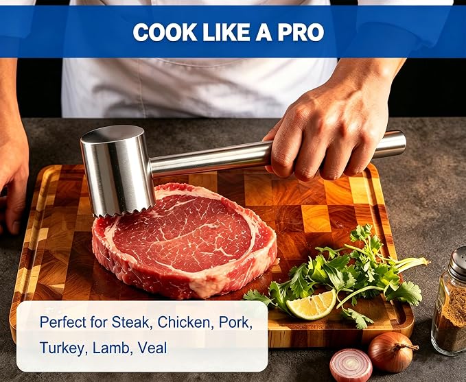304 Stainless Steel Meat Tenderizer Mallet, Dual-Sided Meat Hammer for Steak & Chicken | meat tenderizer mallet with dual-sided design for tenderizing and flattening steak, chicken, pork. Dishwasher safe