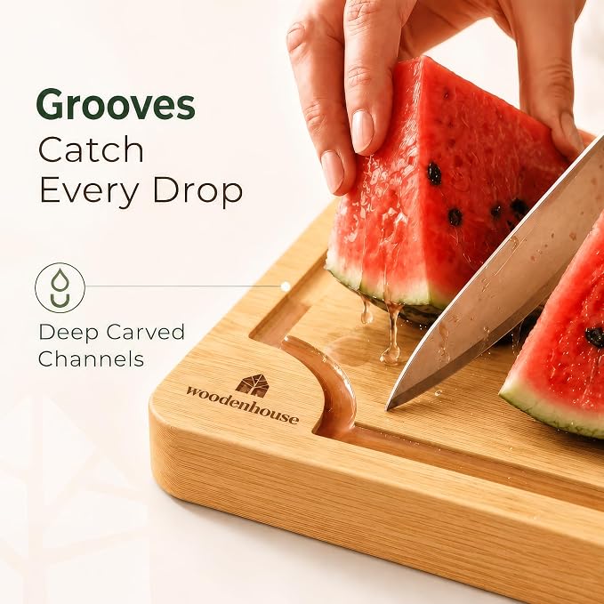 Bamboo Cutting Boards for Kitchen, Set of 3 with Holder & Juice Grooves | Thick & Durable with Built-in Handles, Large Surface – Easy to Clean for Meat, Veggies & Fruit
