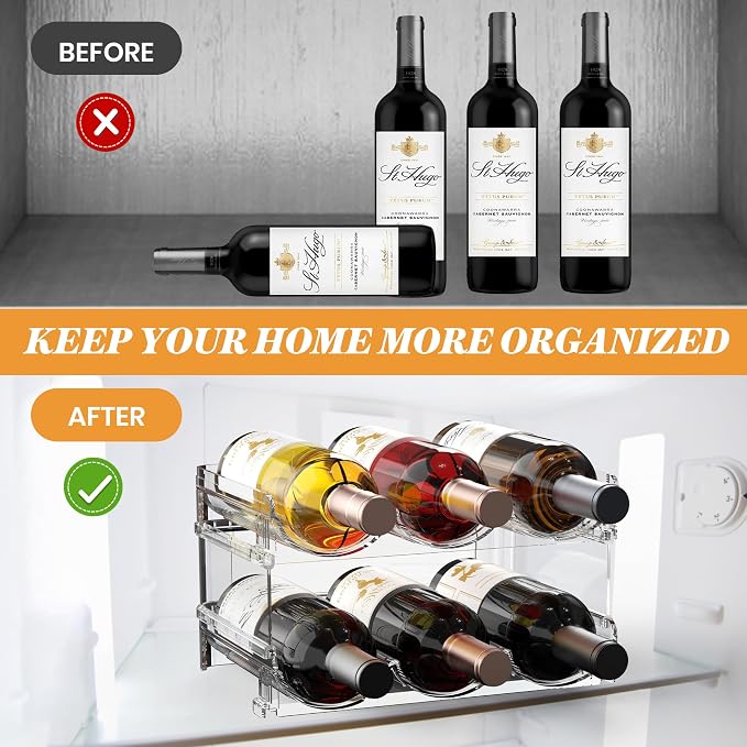 Plastic Stackable Wine Rack for Refrigerator, 2 Tier Large Capacity Water Bottle Organizer for Cabinet, Free-Standing Water Bottle Storage Rack for Fridge, Countertop, Pantry, Freezer, Hold 6 Bottles