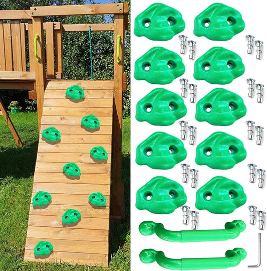 10 Rock Wall Climbing Holds Extra Large with 2 Handles,DIY Rock Climbing Grips with Mini Wrench for Indoor Outdoor Playground Play Set(Green)