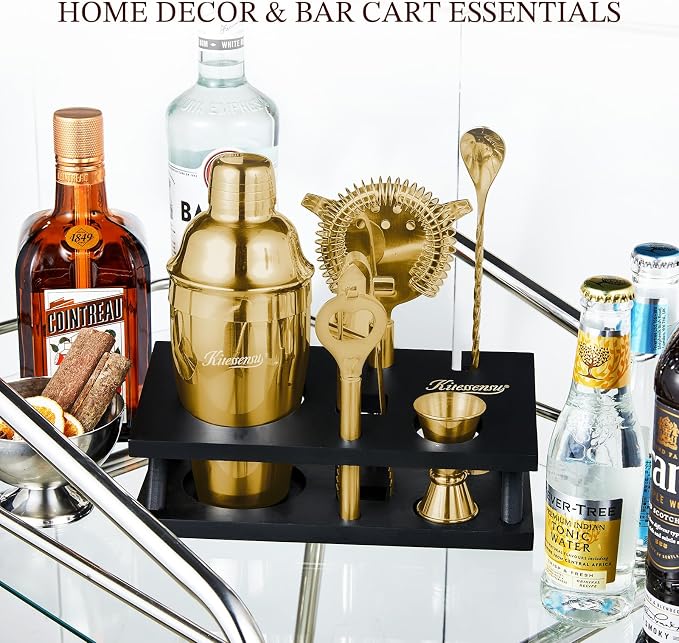 KITESSENSU Cocktail Shaker Set Bartender Kit, 6-Piece Silver Bar Set with Stand, Gold