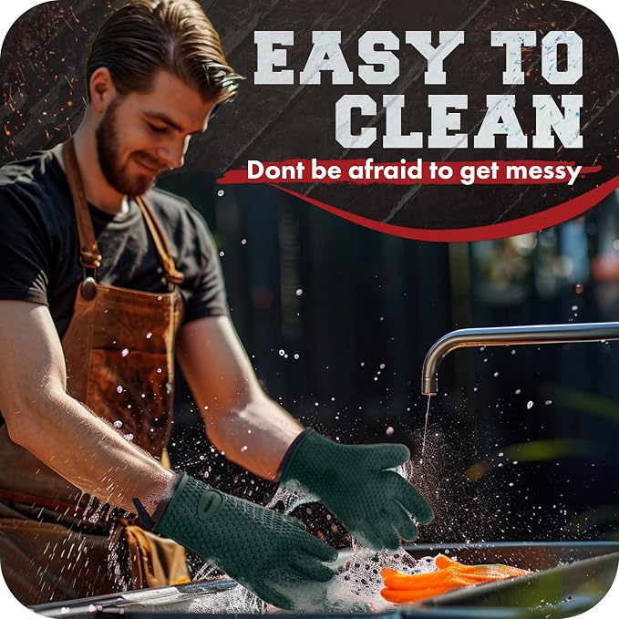 KITCHEN PERFECTION Silicone Smoker BBQ Gloves - Heat Resistant Oven Mitts | Waterproof, 5-Finger Design For A Better Grip, for Pitmasters, Meat Smoking, Grilling, Cooking, Frying Turkey | Grill Gift