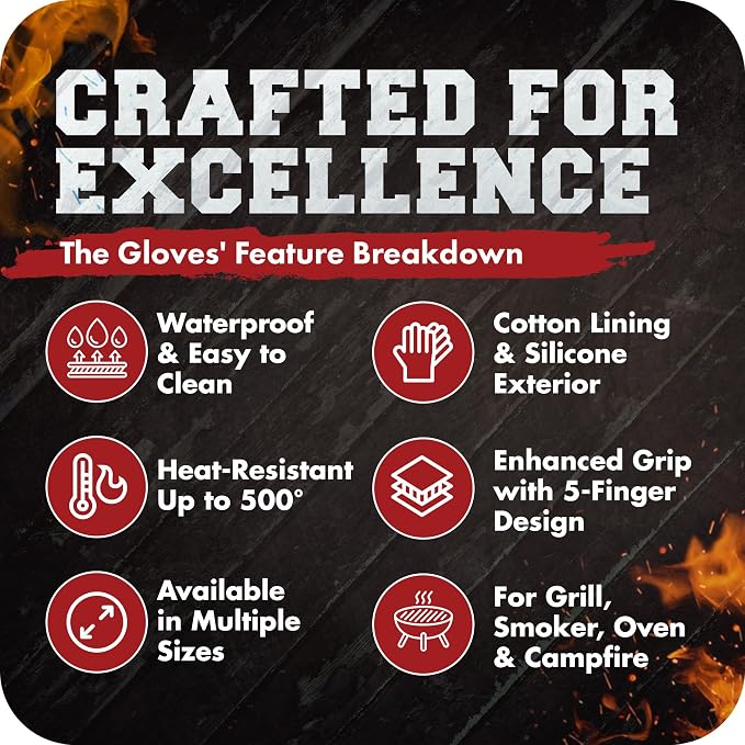 KITCHEN PERFECTION S Silicone Smoker BBQ Gloves - Heat Resistant Oven Mitts | Waterproof, 5-Finger Design For A Better Grip, for Pitmasters, Meat Smoking, Grilling, Cooking, Frying Turkey | Grill Gift