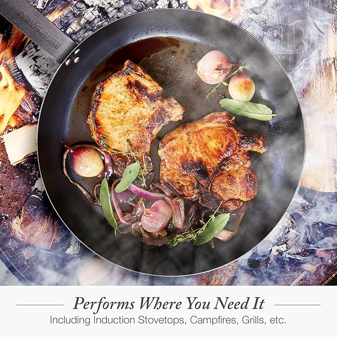 Merten & Storck Pre-Seasoned Carbon Steel 8” Frying Pan Skillet,Use on Induction,Stove and Grill,Durable,Even-Heating,for Searing,Grilling,Oven Use,and Campfire,Indoor/Outdoor,(Pack of 6)