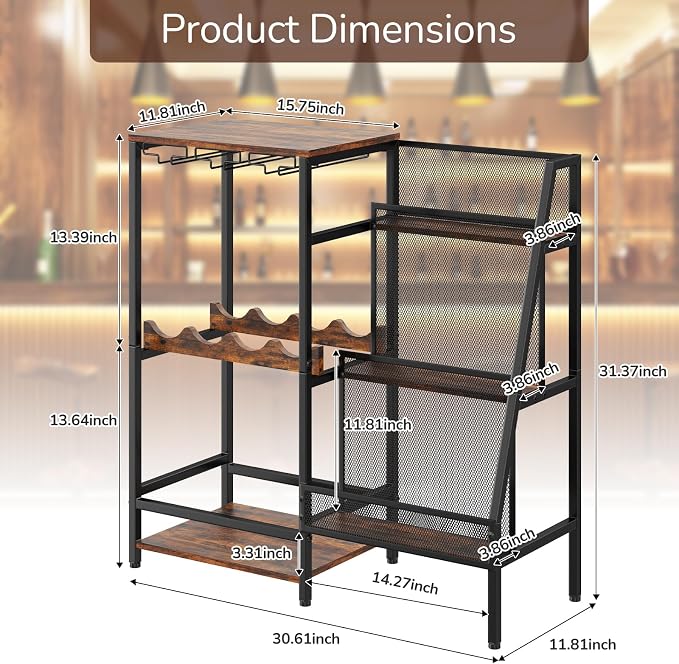 Versatile Liquor Stand for Home Bar, Wine Rack Freestanding Floor, Mini Bar Table for Liquor Whiskey Wine, 3-Tier Trapezoidal Liquor Bottle Display Shelf with Glass Holder and Fences(Patent Pending) | 3-Tier Display, 3 Glass Holder Rows, 4-Bottle Rack:...