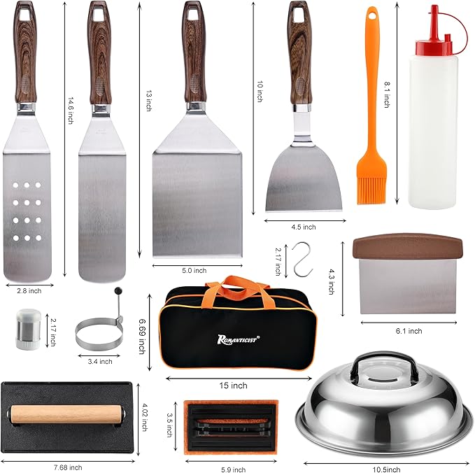 ROMANTICIST 29PCS Griddle Accessories Set - Flat Top Teppanyaki Spatula Set with Scraper, Basting Cover for Camp Chef- Home Cooking Griddle and Outdoor BBQ Gifts for Father's Day