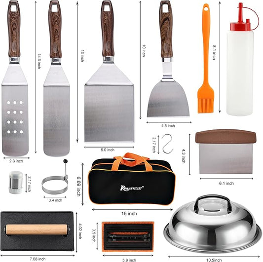 ROMANTICIST 29PCS Griddle Accessories Set - Flat Top Teppanyaki Spatula Set with Scraper, Basting Cover for Camp Chef- Home Cooking Griddle and Outdoor BBQ Gifts for Father's Day