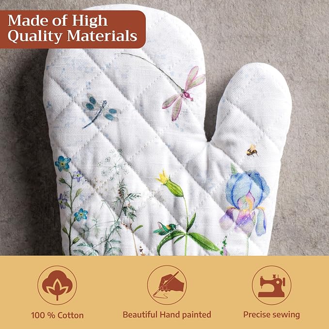 Maison d'Hermine Oven Gloves 100% Cotton Oven Mitt (7" x 13", Pack of 1) | With Loop Heat Resistant BBQ Cooking Gloves Baking Grilling Kitchen Handling Hot Pans Spring Summer - Fleurs De Mai