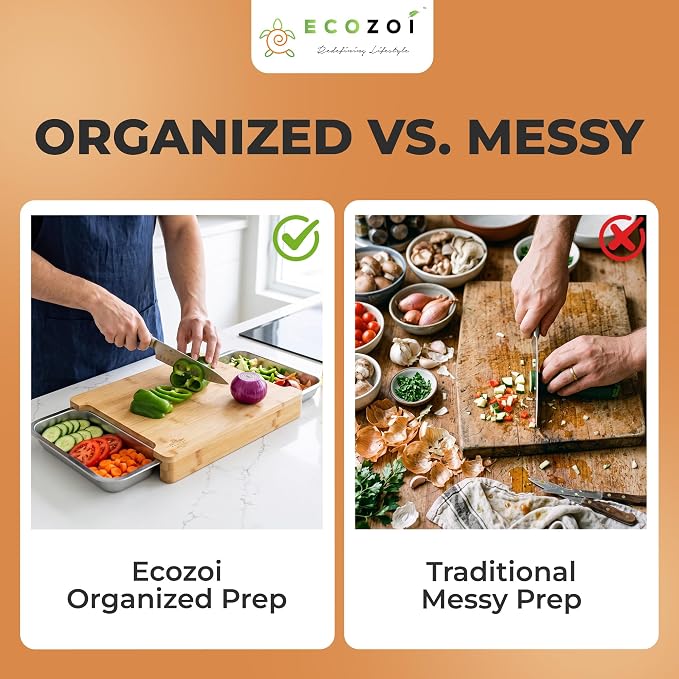 Bamboo Cutting Board by Ecozoi with 2 Slide Out Drawers. Keep Meal Prep Organized With Organic Bamboo Wooden Chopping Station. Non-Slip Butcher Block with Juice Groove for Easy Cleaning
