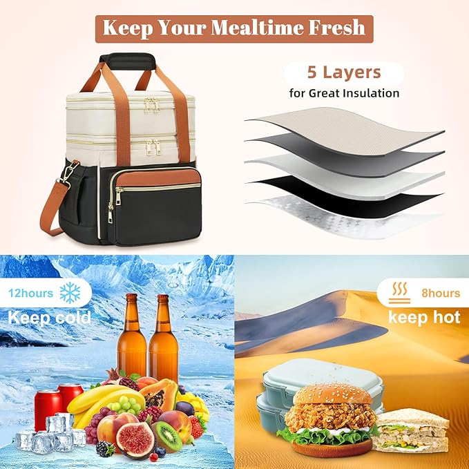 holuxer Insulated Lunch Bag & Lunch Box for Women - Double Deck Reusable Lunch Bag for men Tote Cooler Bag Leakproof Soft Expandable - Large Lunchbox for Work/Adult/Picnic/Outdoor (Coffee Black，15L)