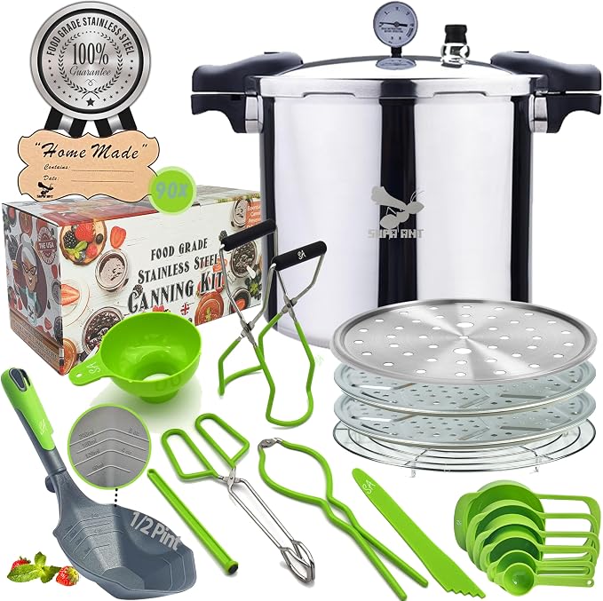 Supa Ant 23 Qt Canning Pot with Canning Supplies Starter Kit - Water Bath Pot with Rack and Lid - Jar Lifter, XL Ladle, Jar Tongs, and Bubble Popper
