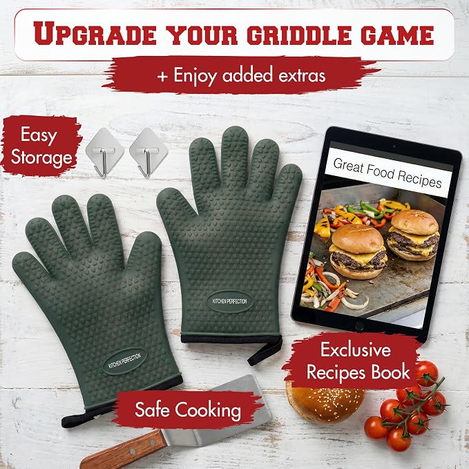 KITCHEN PERFECTION XL Silicone Griddle Gloves - Heat Resistant Oven Mitts | Waterproof, 5-Finger Design For A Better Grip, Best Griddle Grilling Accessories, Compatible with Blackstone, Weber & More