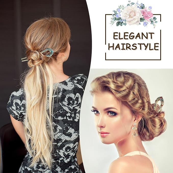 Waydress 5 Pcs Vintage Hair Fork French Hair Pin for Buns Metal Chignon Pin Chopsticks Crystal Rhinestone Double Prong Hairpin Stick U Shaped Bun Accessories for Women(Elegant Pattern)