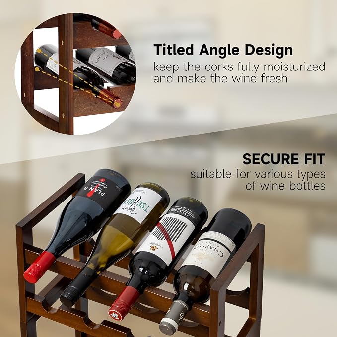 28-Bottle Wine Rack Free Standing Floor, Solid Wood 7-Tier Display Wine Storage Shelves with Tabletop, Wobble-Free Bottle Holder for Cellar Kitchen Bar Dining Room Living Room, Walnut