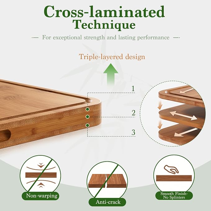 Bamboo Cutting Board for Kitchen, 3-Piece Wooden Cutting Board Set with Juice Grooves, Side Handles, Non-Slip Mats, Reversible Boards for Meat, Vegetables, Fruit, Kitchen Gift
