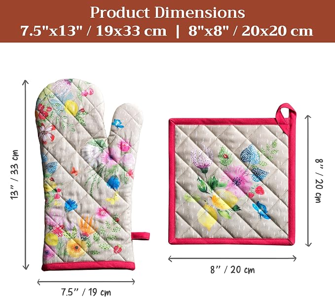 Maison d' Hermine 100% Cotton Oven Mitt & Pot Holder Set (7.5"x13" & 8"x8") | Heat Resistant BBQ Cooking Gloves with Loop Baking Grilling Kitchen Hotel Home Farmhouse Spring Summer - Jardin D'Ete - Fog
