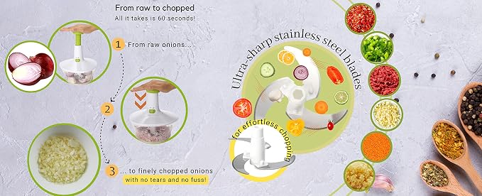 Brieftons Express Manual Food Chopper, 6.8-Cup Hand Pump Vegetable Chopper to Chop Veggies Onion Garlic Herbs, Tear-Free Onion Chopper & Salsa Maker for Camping RV Home, 3-Leaf Stainless Steel Blade