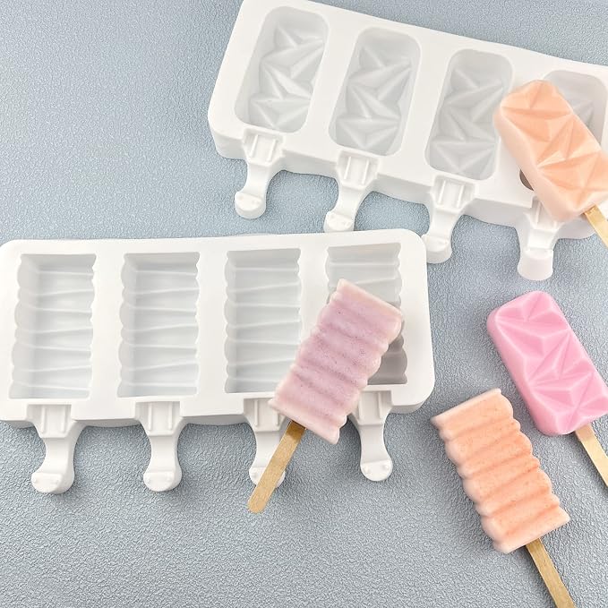 Ice Cream Popsicle Silicone Mold Set of 2, 8-Cavity Chocolate Cake Fondant Molds, Home DIY Popsicle Tools, BPA Free, Reusable and Easy to Clean Homemade Popsicle Maker with 50 Wooden Sticks