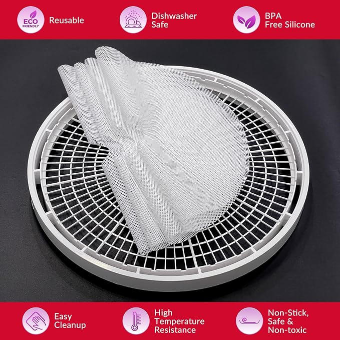 GUCUJI Round Silicone Dehydrator Sheets for NESCO FD-1010 FD-1018A FD-1040 FD-1040P, Non-Stick BPA Free, Pack of 4 (Premium Reusable Food Dehydrator Mesh Mats)