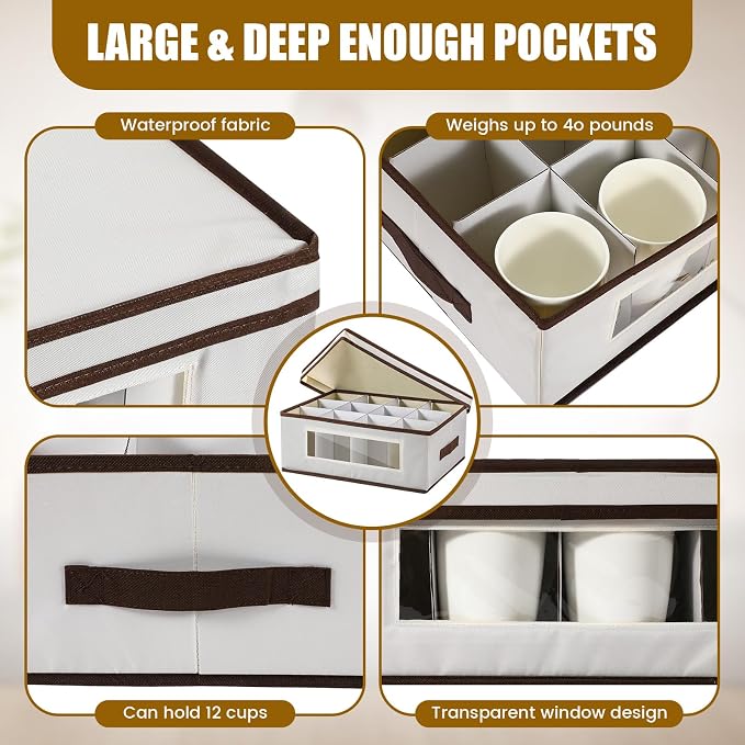 Uiifan 4 Pcs Mug Storage Box with Dividers 12 Compartment Stemware Storage Cases China Container Box with Lid, Handles, PVC Window for Moving, Beige
