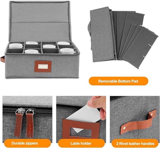 2 Pack Cup and Mug Storage Box with Dividers for 24 Tea Cups and Coffee, Coffee Mug Storage with Zipper Lid and Rivet Reinforced Handles, Protects Fine China, Hard Top, Sides and Stackable (Grey)